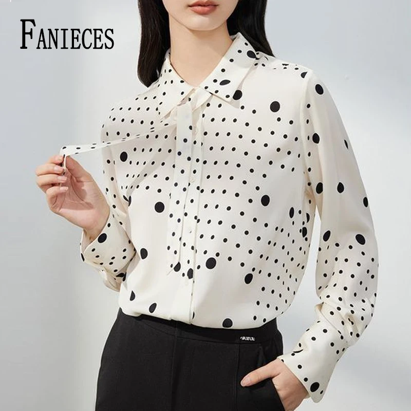 

FANIECES camisas White Dot Vintage Chic Bow Neck Chiffon Long Sleeve Single Breasted Women Blouse Shirt Fashion Female Clothing