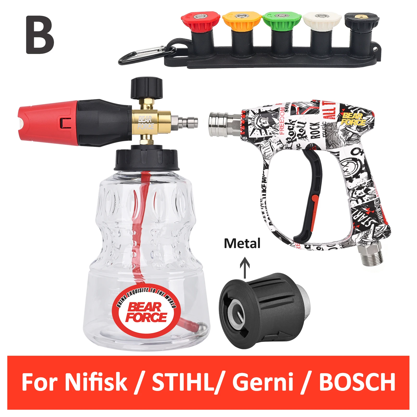 BEAR FORCE hogedrukreiniger kleur geverfd kort spuitpistool sneeuwschuimlansset, compatibel voor Karcher Nilfisk Bosch Lavor Daewoo