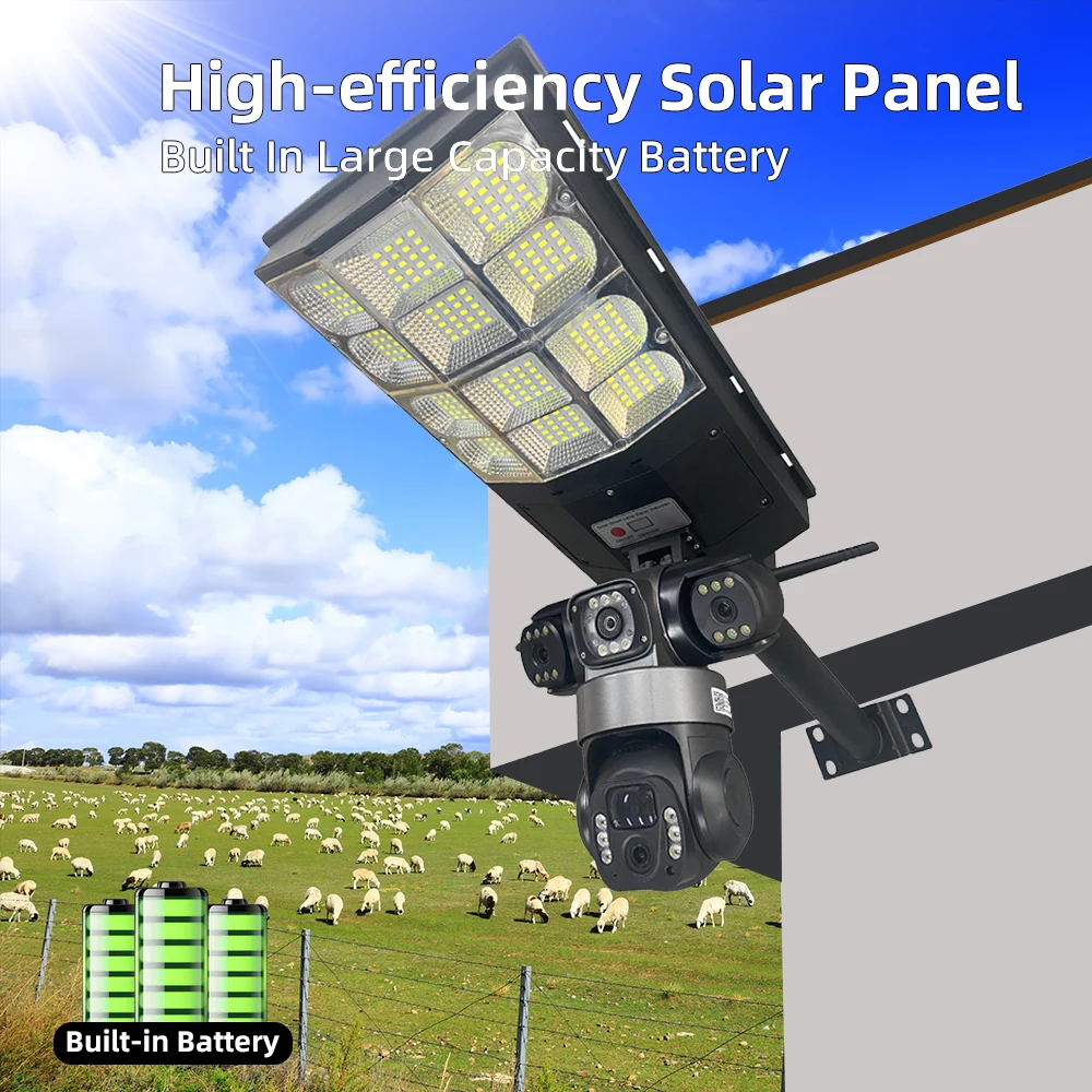 Outdoor 4G Solar Camera Triple Lens Waterproof PIR Human Detection Color Night Vision LED Street Light V380 Pro Remote Control