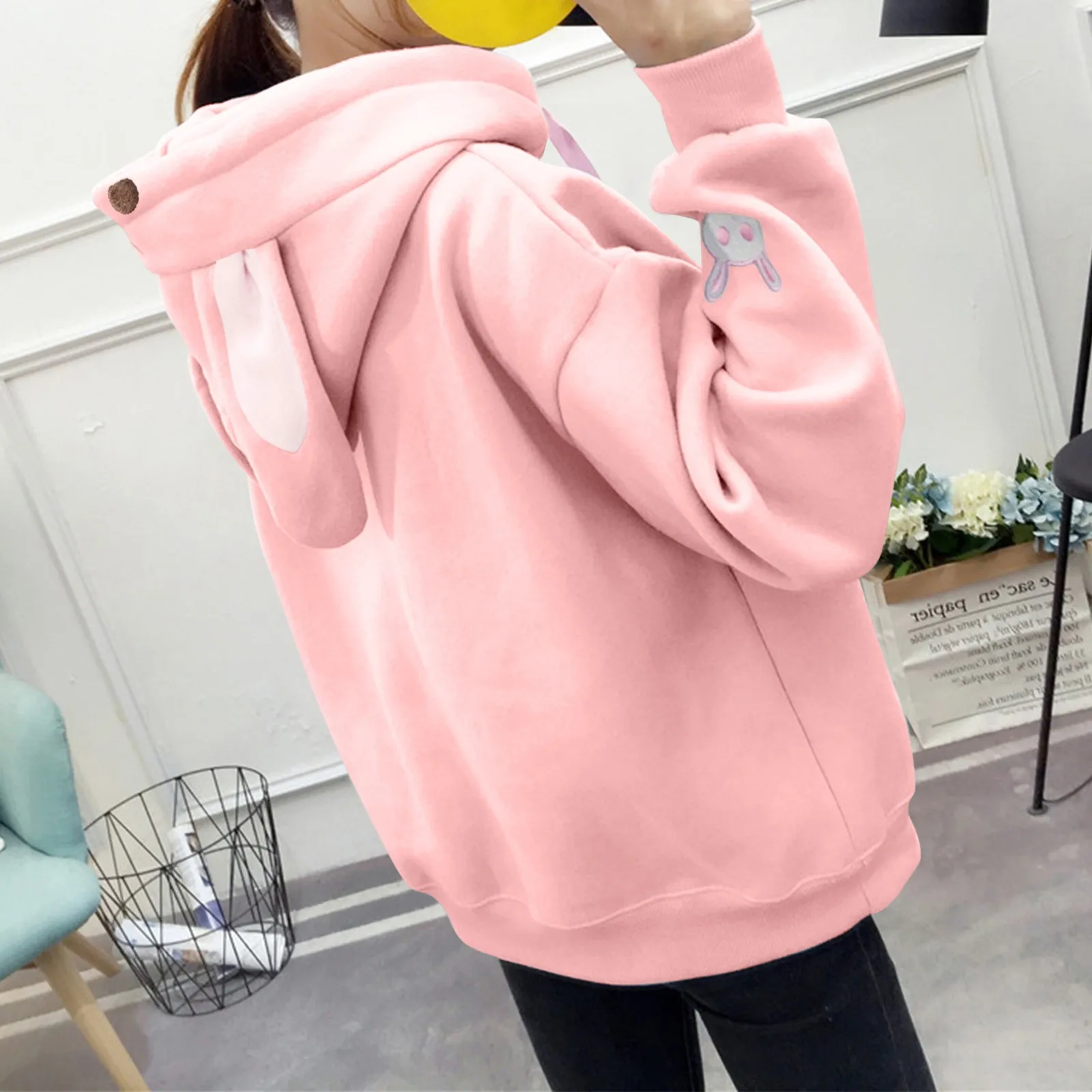 Ladies\' Winter And Winter Hooded Cute Bunny Ear Blouse Round Neck Pullover Home Fashion Casual Kawaii Coat Daily With Pockets