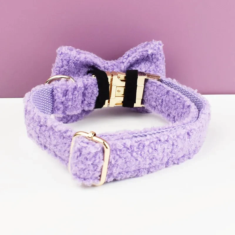 Soft Sherpa Fleece Dog Collar Leash Harness Set Adjustable Personalized Puppy Bowtie Collar for Small Large Dogs