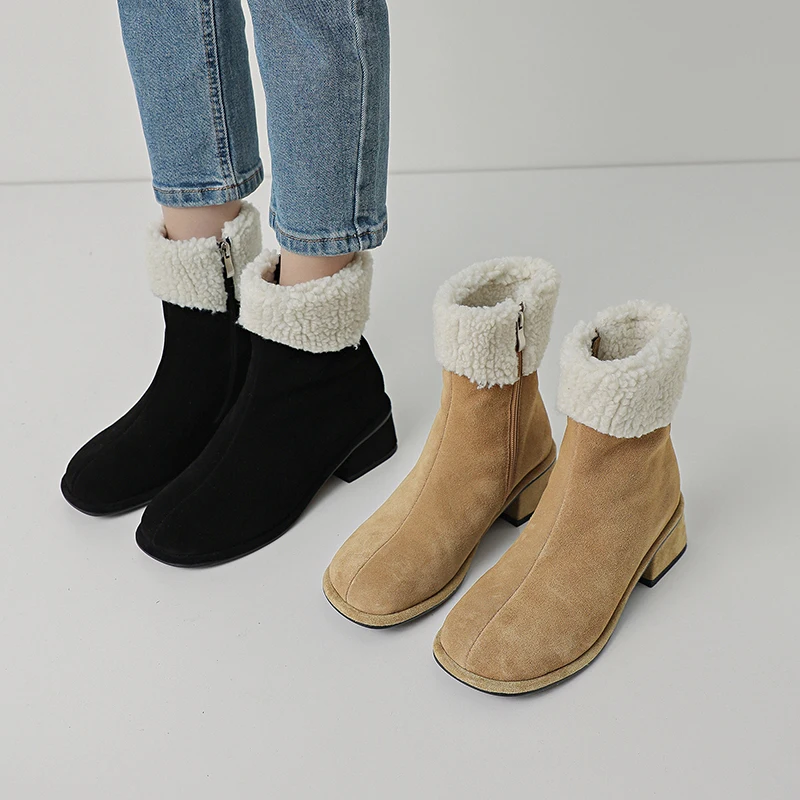 

Genuine Leather Women Ankle Boots Wool Blend Snow Boots Square Heels Zipper Ladies Cow Suede Short Boot Autumn Winter New Shoes