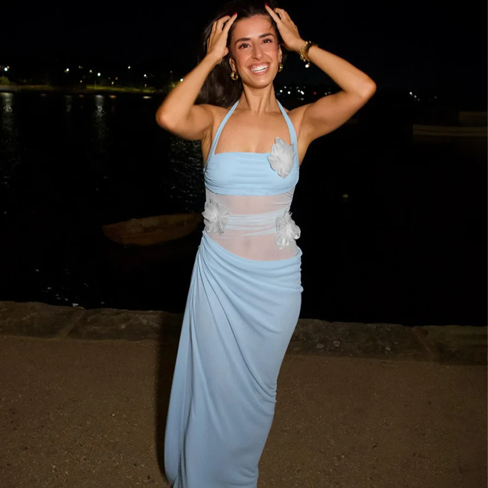 فستان ماكسي مثير بدون حمالات شبكي من Blifanbo للنساء، فستان طويل أنيق شفاف بدون أكمام مفرغ