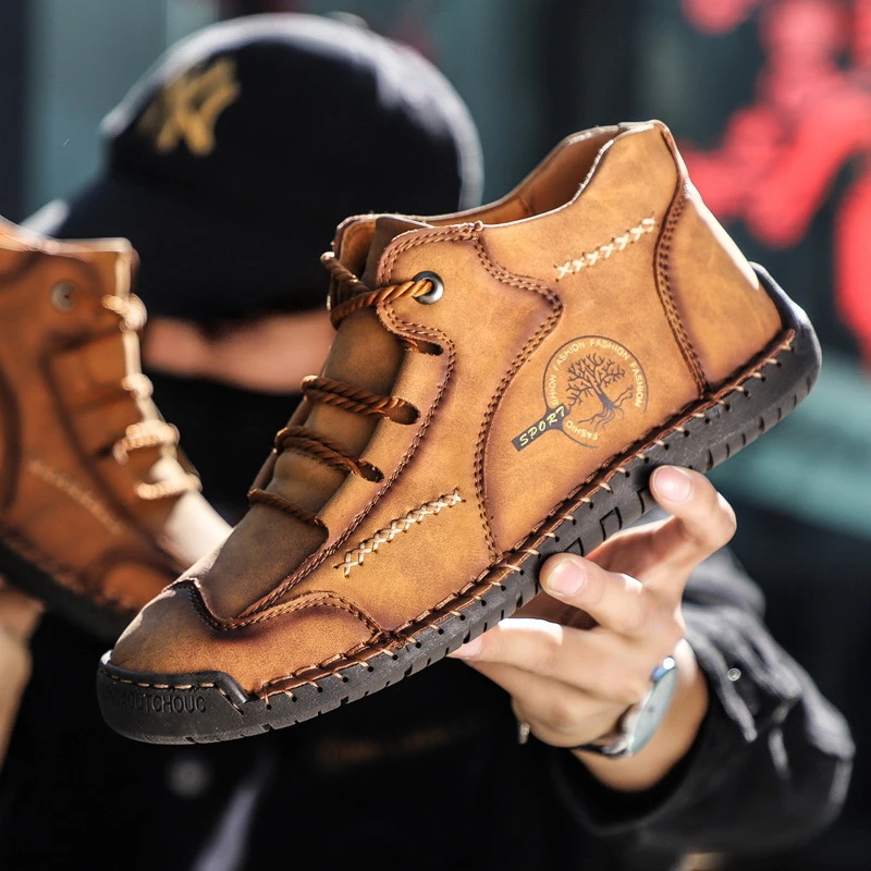 Men's Shoes Short Boots Handmade Leather Boots High Top Leather Flat Bottom Outdoor Workwear Casual Shoes Large Size Board Shoes