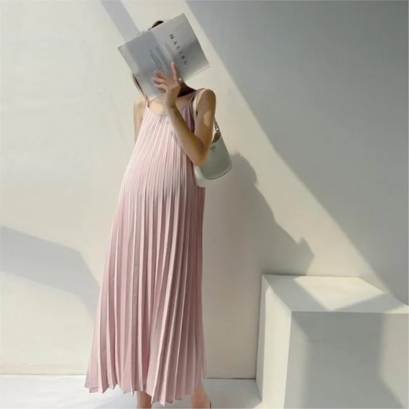 2023 Summer Sleeveless Pregnant Women's Pink Dress Chiffon Skirt Korean version Hanging Strap Skirt Maternity Long Dress LE952