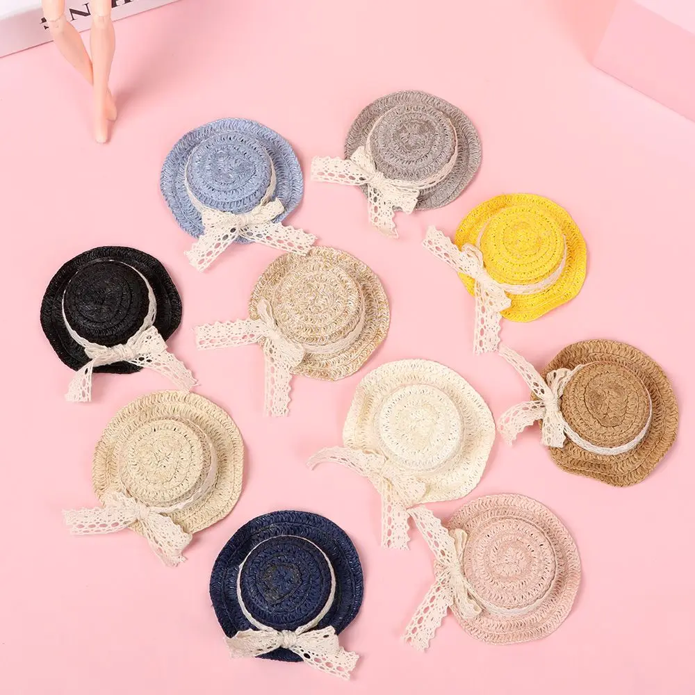 10 Colors Mini Lace Bow Straw Hat for 1/12 Doll Handmade Weaved Hats Dollhouse Miniature Doll House Ornament Doll Hat Accessory