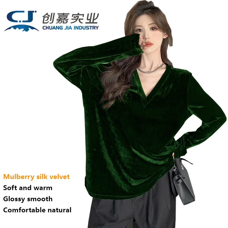 Silk Velvet Women Long-sleeved T-shirt White V-neck Pullover Loose Size 3XL Fat Girl Outdoor Leisure Comfortable Relaxed Casual