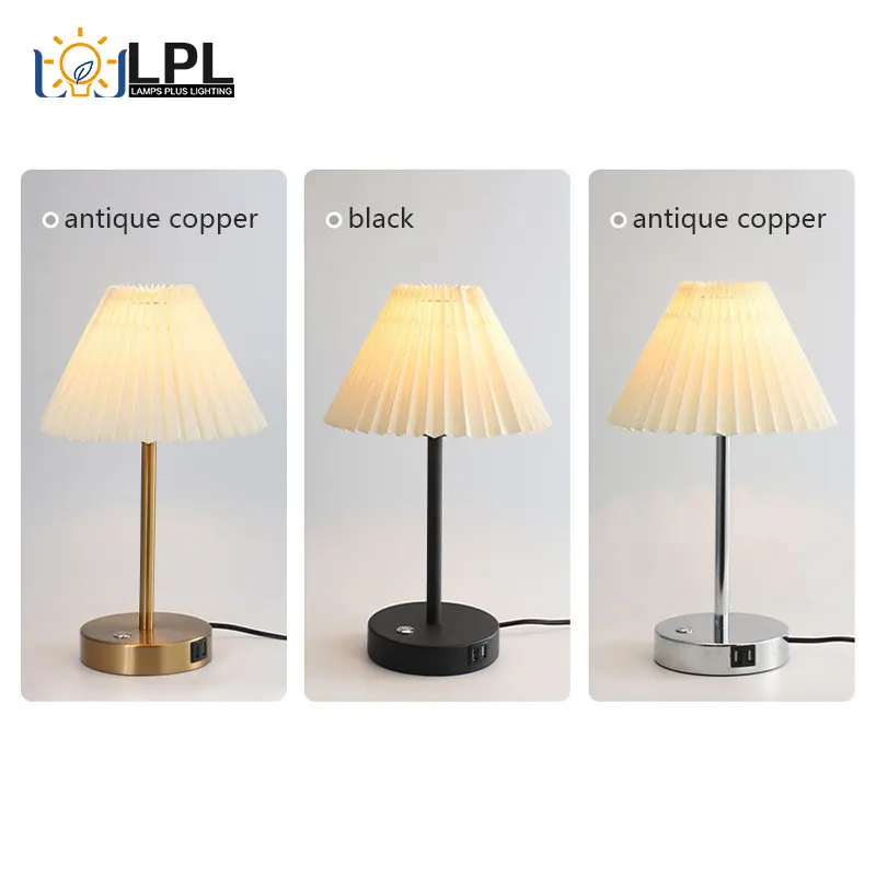 

Mushroom Lampshade Rechargeable Desk Lamp Bedside Pleated Table Lamps with USB Charging Ports for Bedroom Study Room Lighting