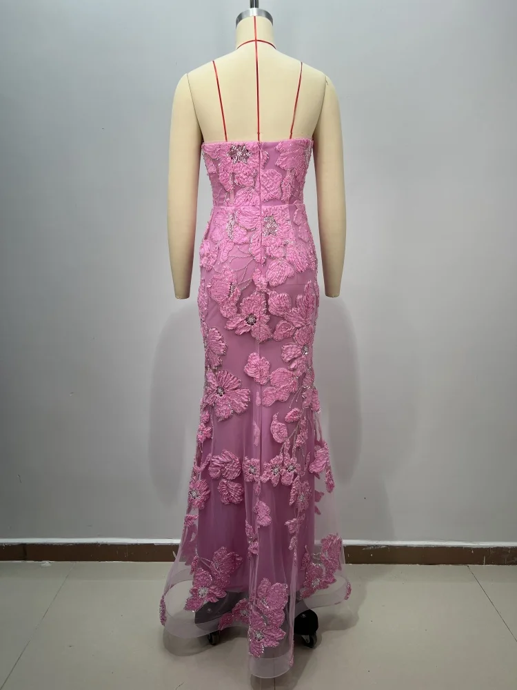 Luxuriöse rosa Spitze-Applikationen-Abendkleider für Frauen, trägerloses Korsett, formelles Kleid, hoher Schlitz, Abendkleid, langes Partykleid 2023