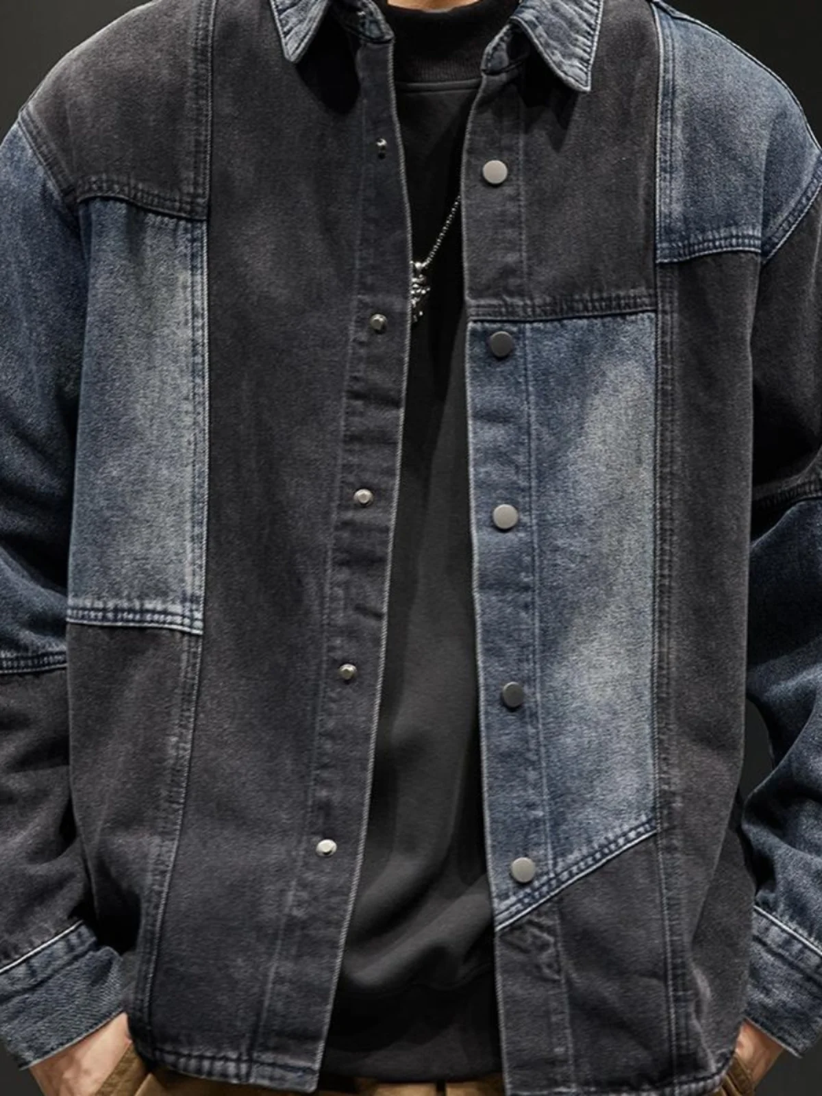 

Мужская джинсовая куртка в стиле ретро, с цветными вставками, свободного кроя, для весны и осени, рабочая одежда, удлиненный рукав, воротник-стойка