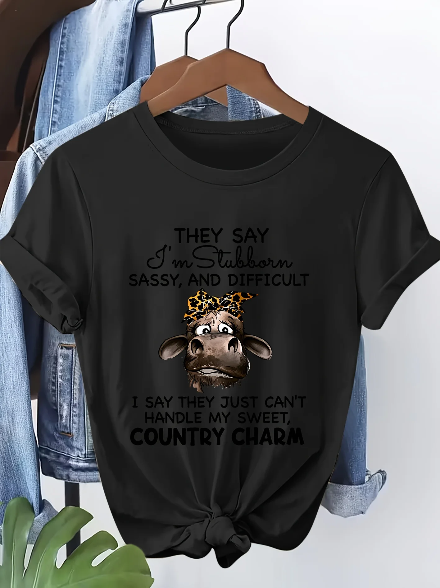 Rural Style Proud Cow Fun Print Round Neck Skin Friendly Soft Summer Personality Funny Casual Trend Daily Women's Top