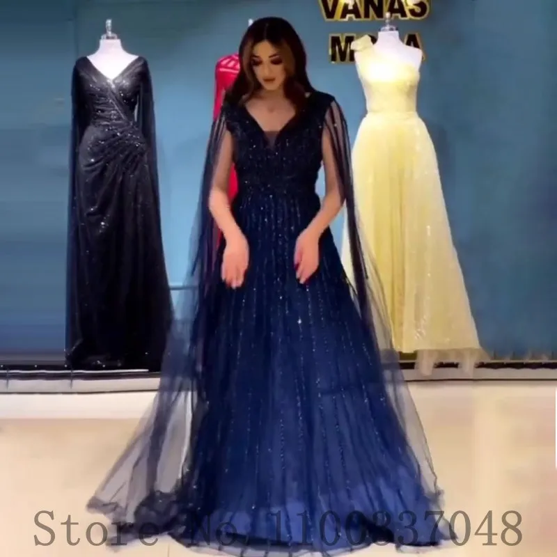 Personalizado azul marinho uma linha brilhante decote em v vestidos de noite para festa de casamento luxo lantejoulas formal vestido de baile dubai vestido de festa