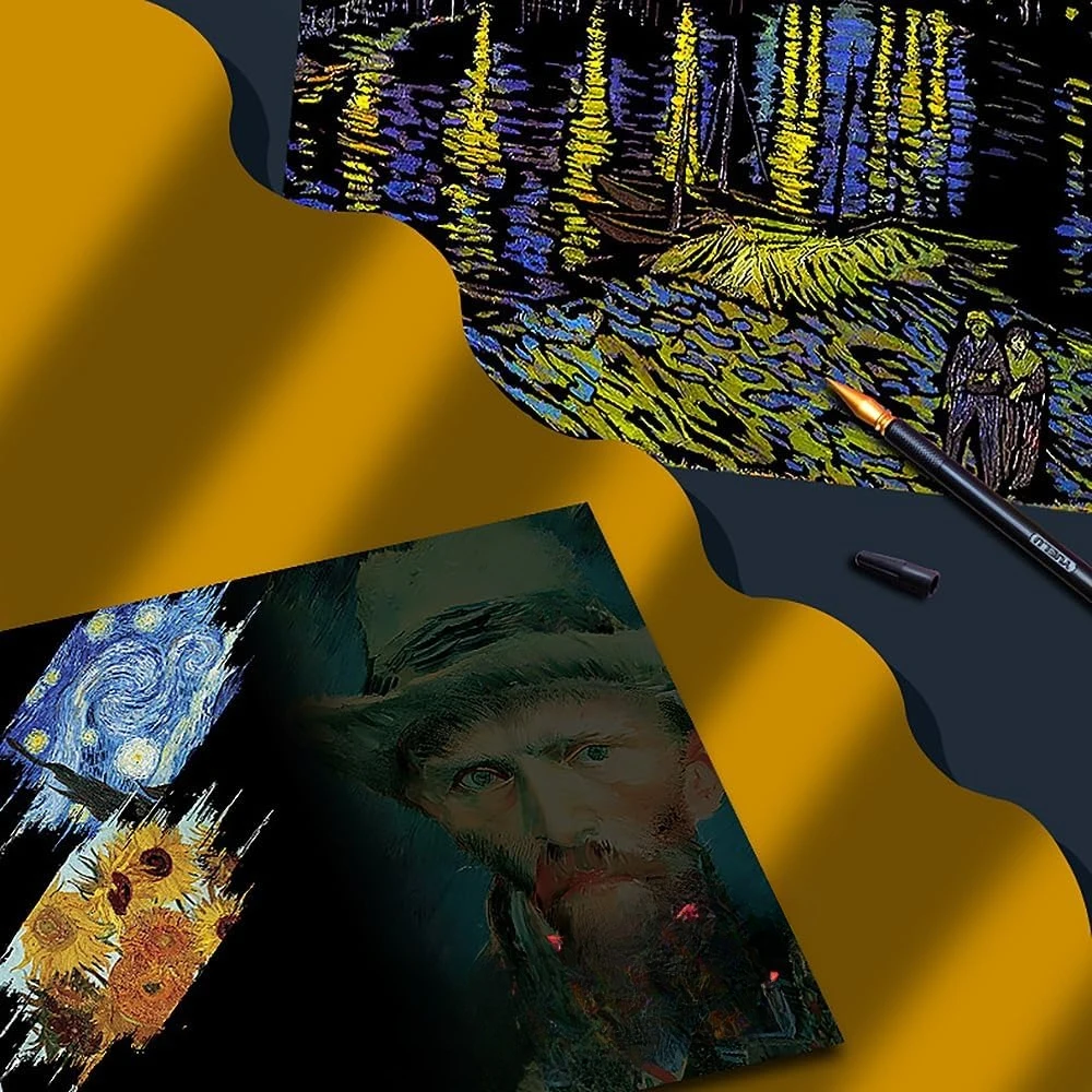 Четыре резных изделия ручной работы Ван Гога, эскизные открытки своими руками, дети и взрослые, терраса в ночное кафе, подсолнухи