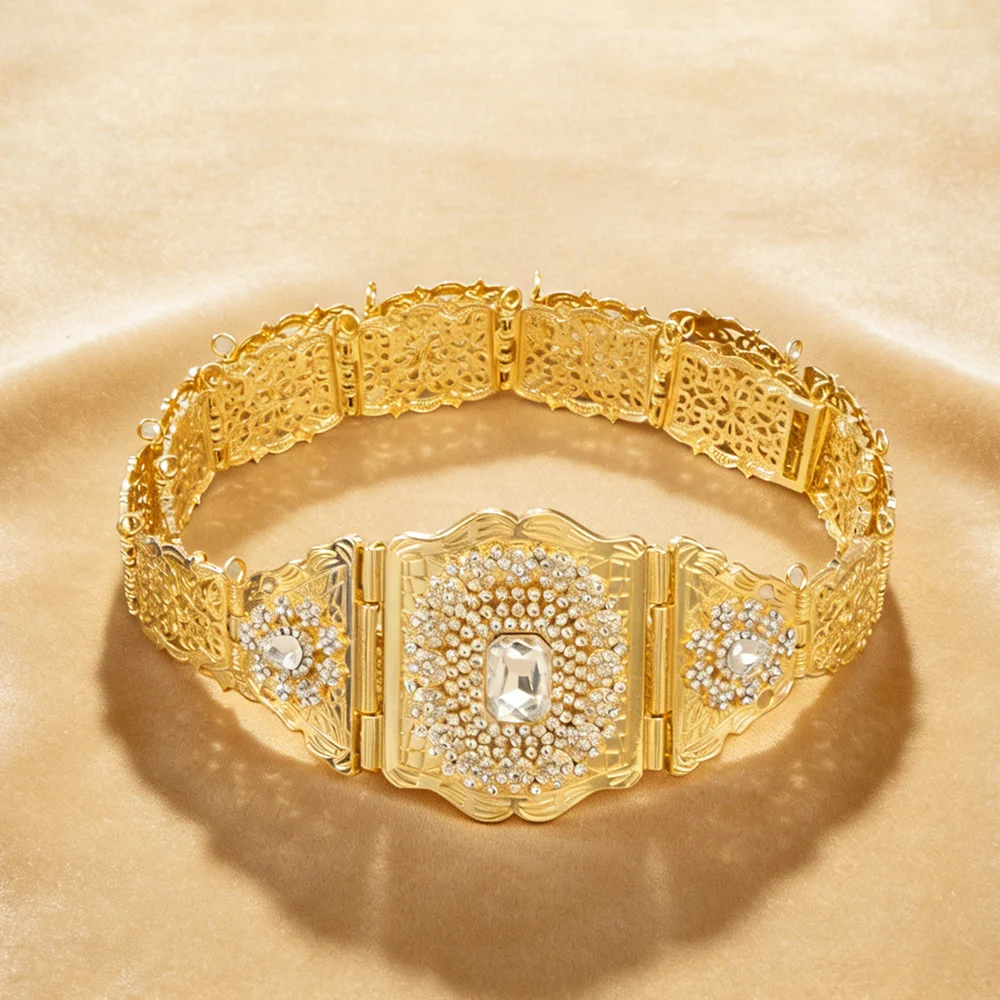 Gold-Plated Wedding Belt, Hollow Carved Floral Plaid Design, Ethnic Kaftan Bridal Corset Zinc Alloy Accessory