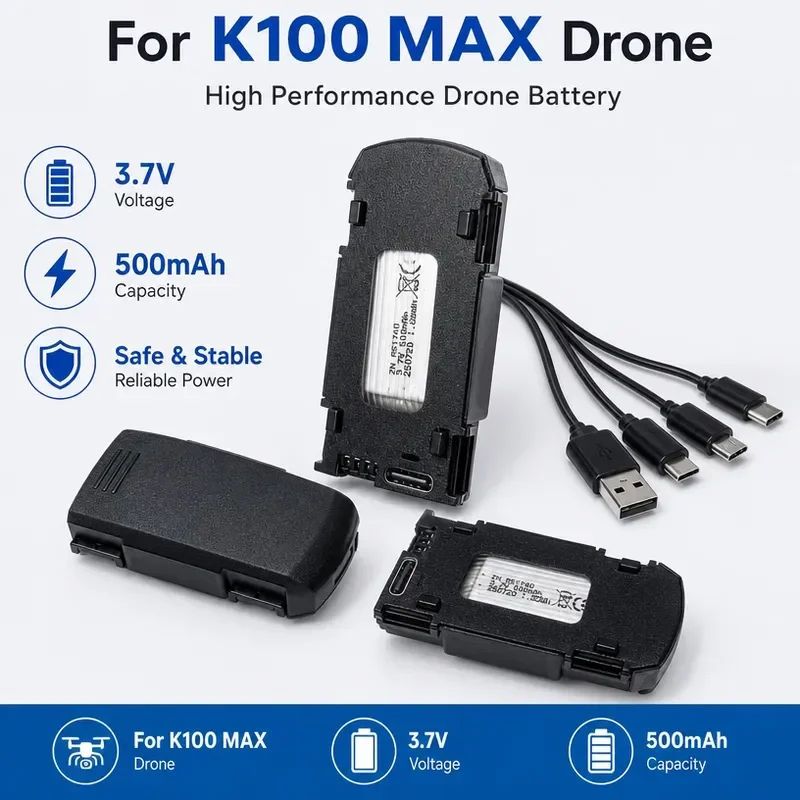 [NEW]  For K100 MAX Drone Battery 3.7V 500mAh Battery for K100 MAX Drone Screen Drone Charging Cable Accessory Toy
