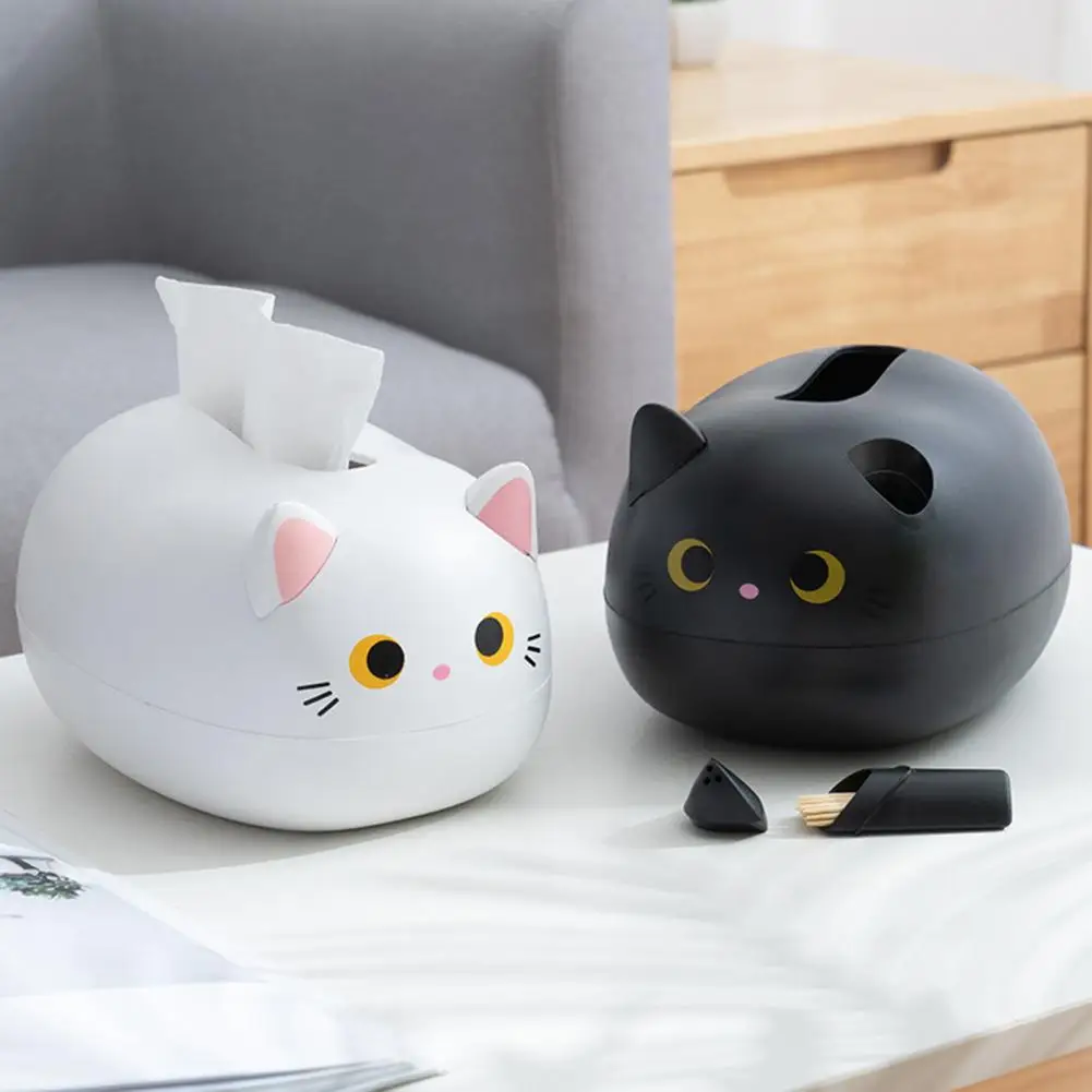Tissue Dispenser Cute Cat Shaped Paper Holder Wide-Mouth Design Tissue Box with Toothpick Bottle Multi-Functional Storage Box