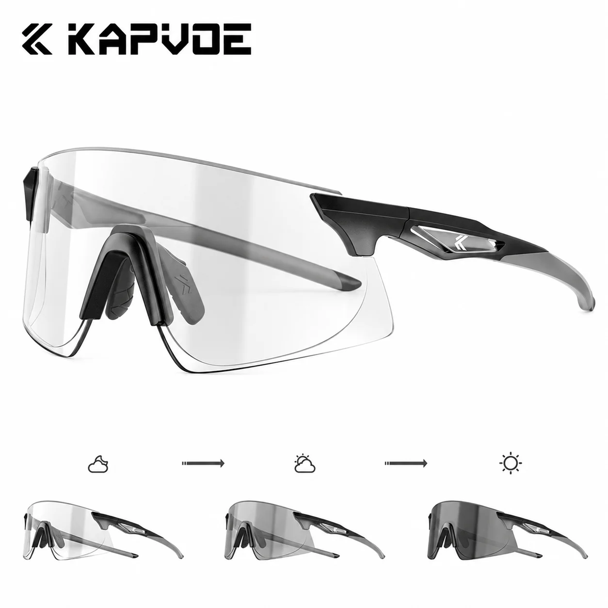 KAPVOE Photochromic Cycling Sunglasses TR90 Frame PC Lens Wide Sports Glasses for Day Night Road Bike Running Hiking Men Women