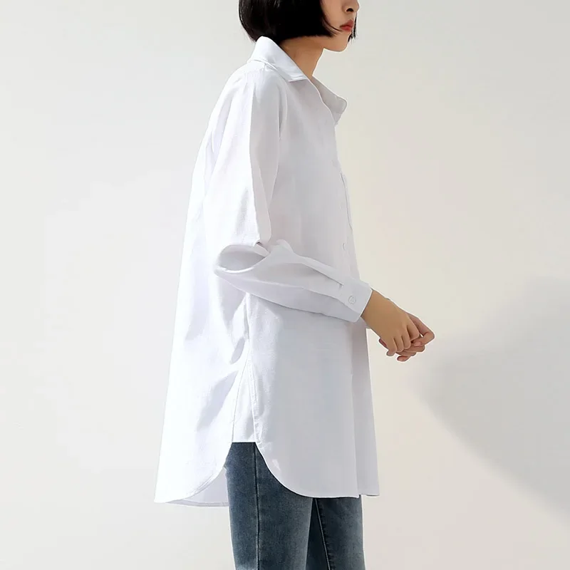 Women Blouses Plus Size Tops Curved Hem Linen Cotton Shirts Female Turn Down Collar Lapel Pocket Loose Oversize White Shirt