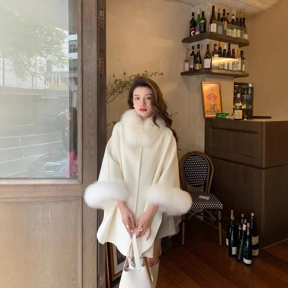 الربيع والخريف جديد الراقية على الوجهين معطف من قماش الكشمير المرأة الثعلب الفراء طوق عباءة شال النسخة الكورية الصوف الفراء سترة