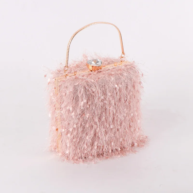 

Fairy Feather Small Handbag for Women Sweet Chain Square Bag Lady Fuzzy Tassel Lock Evening Bag Plush Bucket Bag Birthday Gifts