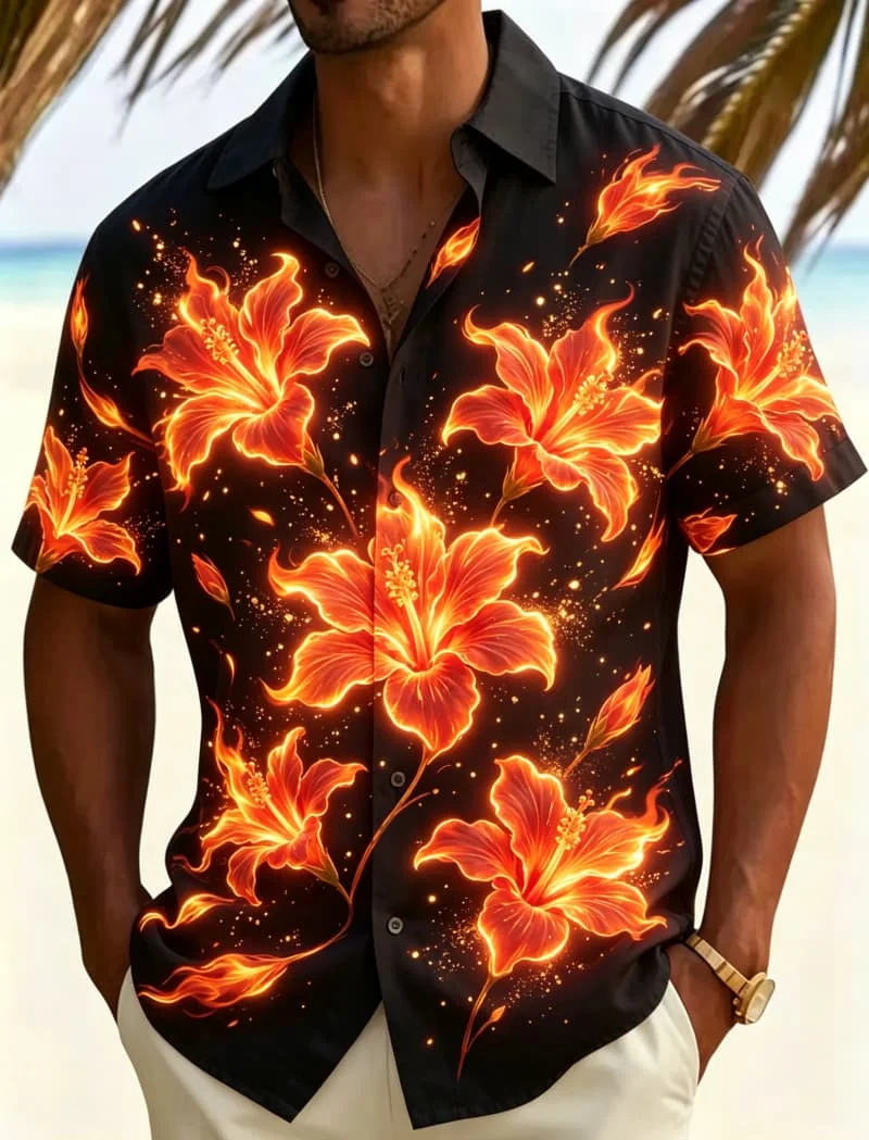 Men's neon tropical floral print casual shirt, personalized summer style, suitable for night travel, pool parties and daily wear