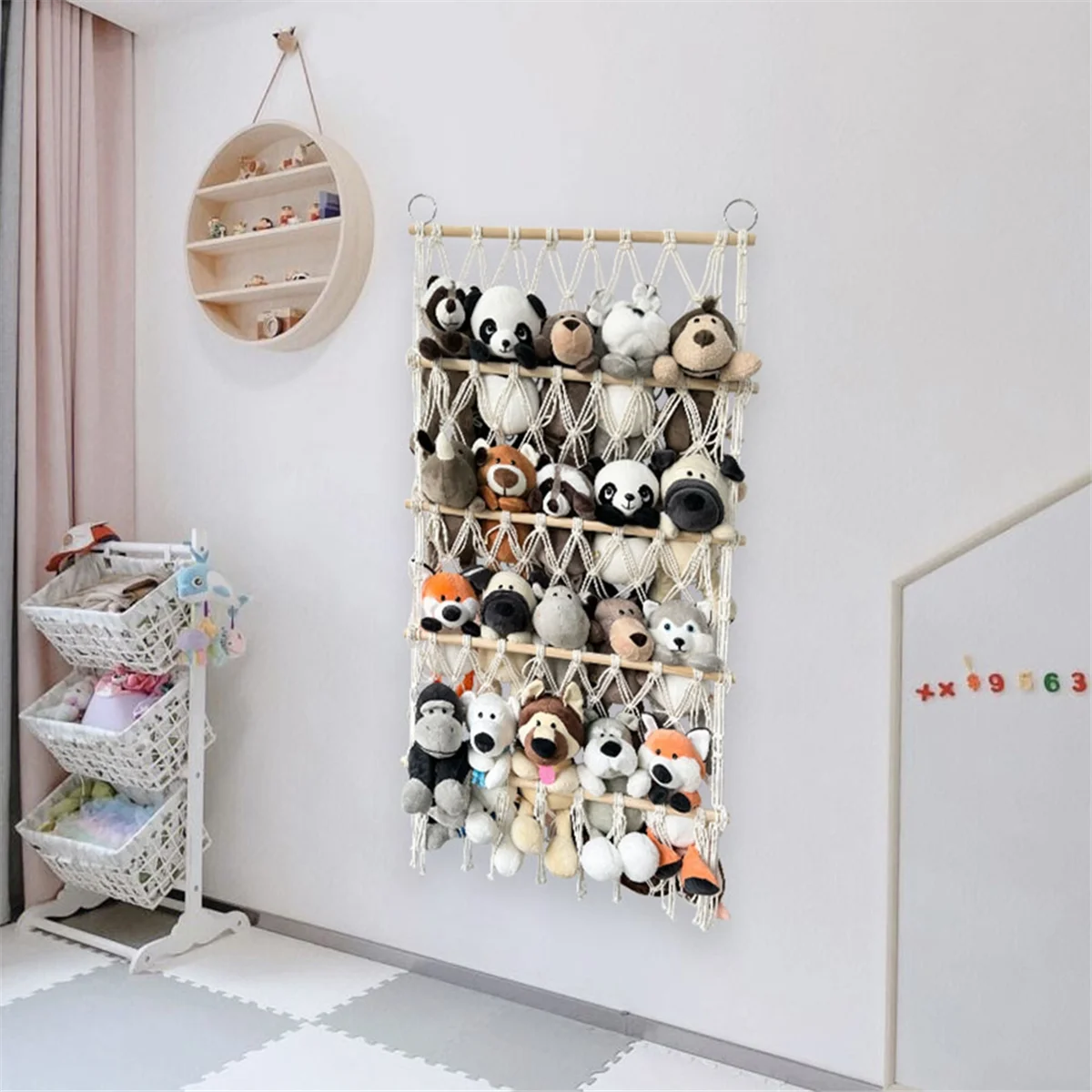 Wall Hanging Organizer Stuffed Animal Toy Net Hammock Nursery Plush Toy Storage Boho Macrame,White