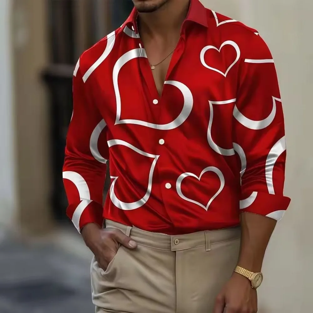 

Summer Men's Fashion Long Sleeve Shirt Spring Casual Comfortable Style 3D Digital Printed Love Pattern Outing Shirts