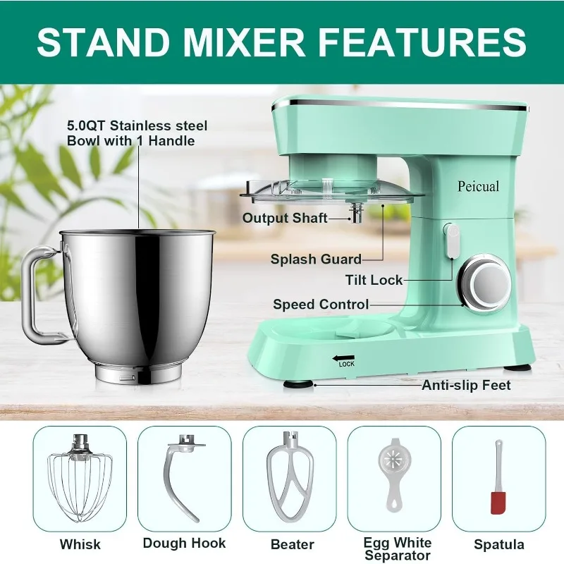 Atualizado Household Stand Mixer, Tilt-Head Misturador elétrico da cozinha, 380W, 10 + P velocidade, de alto desempenho, 5.5Qt inoxidável