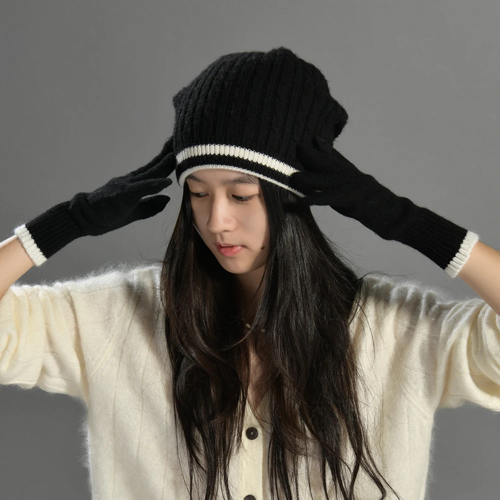Jaxmonoy Cashmere Wool Blend Knitted Hat and Gloves Two Pieces Set Fall Winter Fashion Thick Warm Set New Style Beanie and Glove