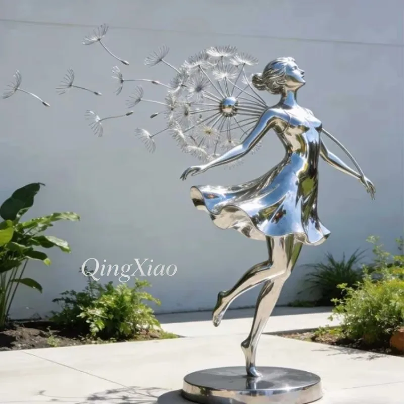 Custom Stainless Steel Dandelion Fairy Sculpture Mirror Polished Abstract Statue For Outdoor Villa Park Garden Public Landscape