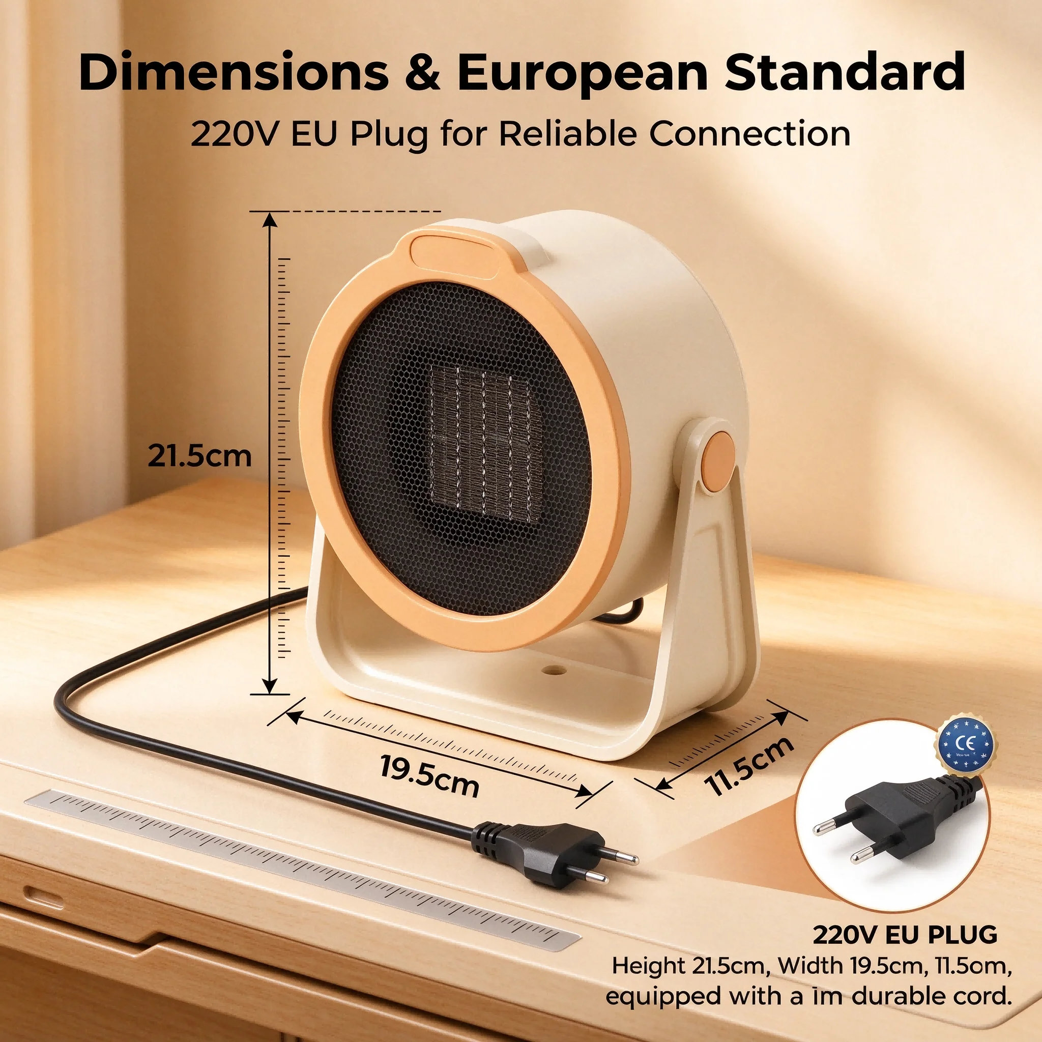 220V EU Plug Portable Space Heater, 90° Adjustable Quiet Fast Heating, 2 Modes PTC Ceramic Warmer for Home Office Bedroom