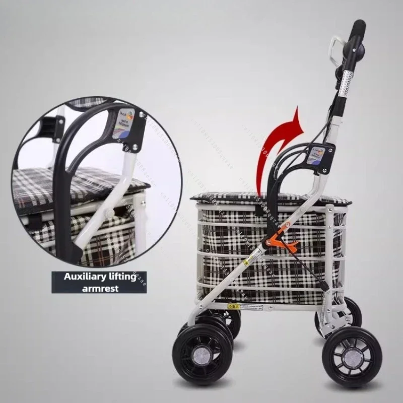 Foldable Walker with Seat 4 Wheel Rollator Adjustable Handle Mobility Aid Comfortable Backrest for Elderly Outdoor Shopping