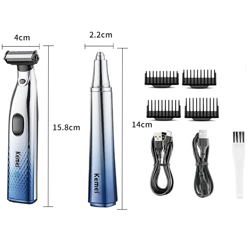 Kemei-Aparador Recarregável de Nariz, Ouvido e Nariz, Barbeador Elétrico Indolor, Barbeador Versátil, Uso Húmido e Seco, 2 em 1, Homens e Mulheres