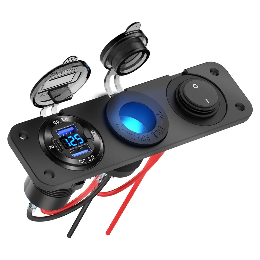 ABILKEEN Car Charging Modified panel DC12-24V Dual QC3.0 USB Socket+PD Car Charger with LED Cigarette Lighter and Rocker Switch