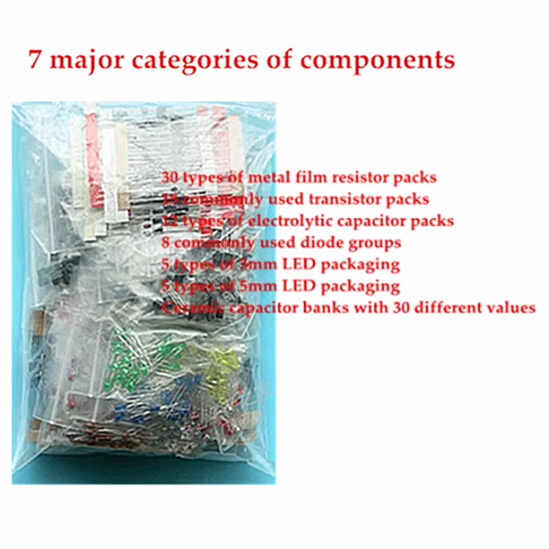 7 major categories of component packages Electrolytic capacitors, LED light-emitting diodes, triodes, ceramic chip resistor pack