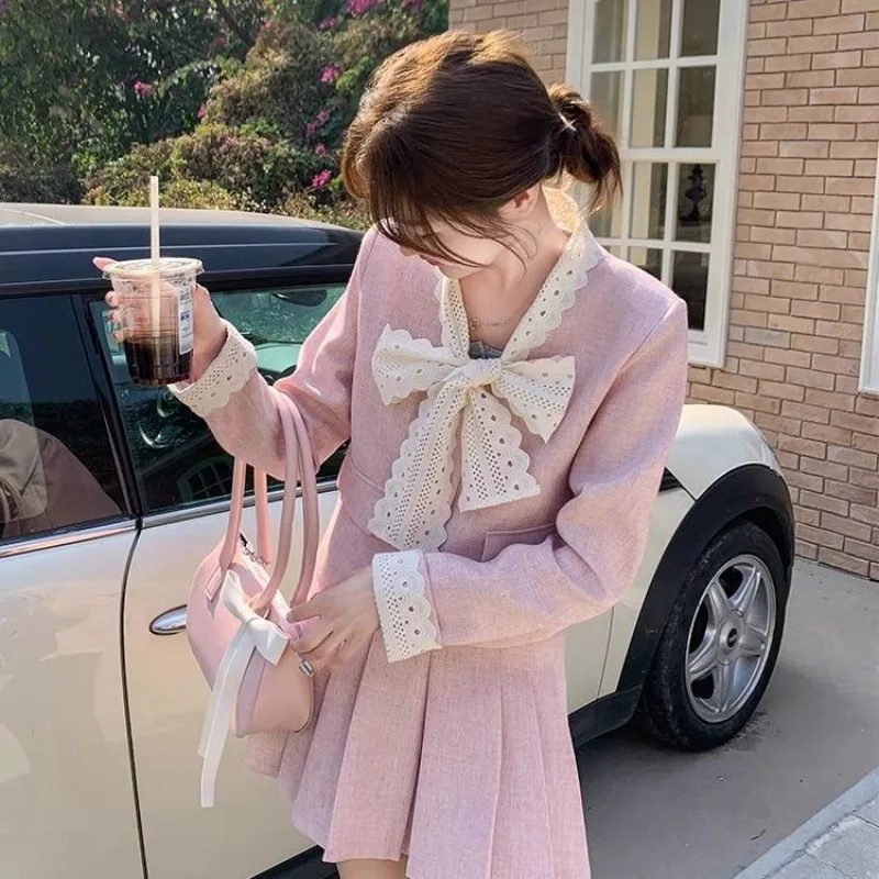 

Korean Bow Lace Up Pink Long Sleeve Coat Women+ Y2k High Waist A-line Draped Skirts 205 Spring Autumn New Two Piece Sets