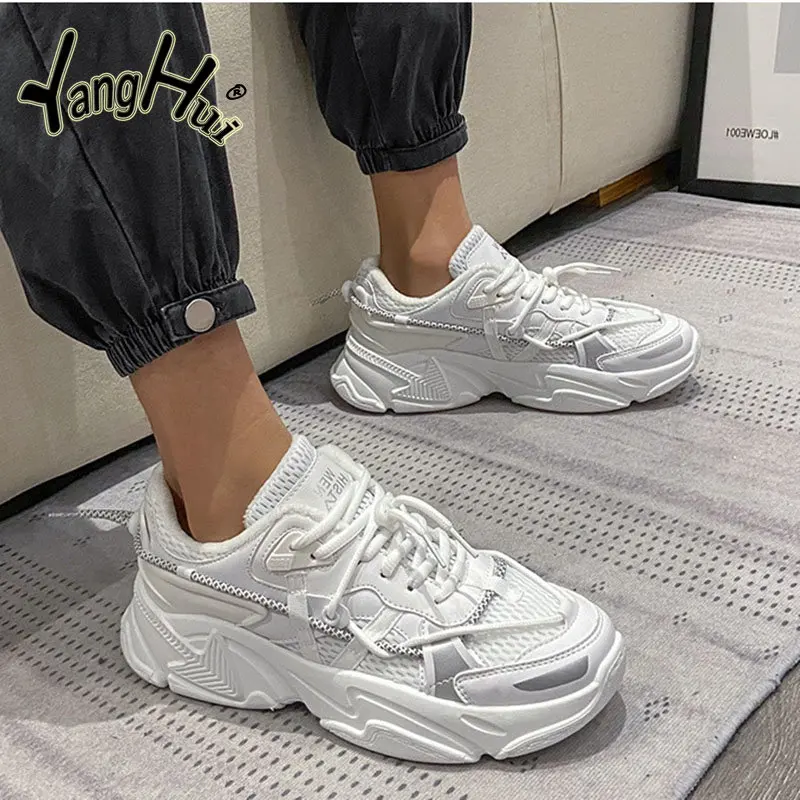 Sneakers Mesh Splicing Korean Style Plus Velvet Keep Warm Sports Leisure Black Shoes for Women 2023 New Autumn Winter