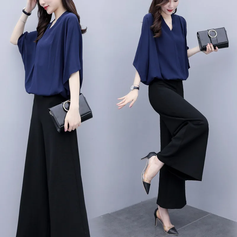 

Women's Summer Casual Wide Leg Pants Two-Piece Set Top And Skirt Loose Fit plus Size Clothing Fashionable Transparent Chiffon