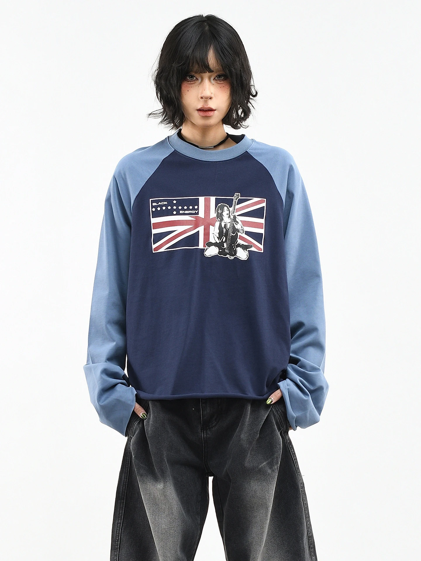 

OV Original American Sle Color Blo Print ort Sve Длинная футболка женская свободная круглая футболка Ne Frayed Base Top