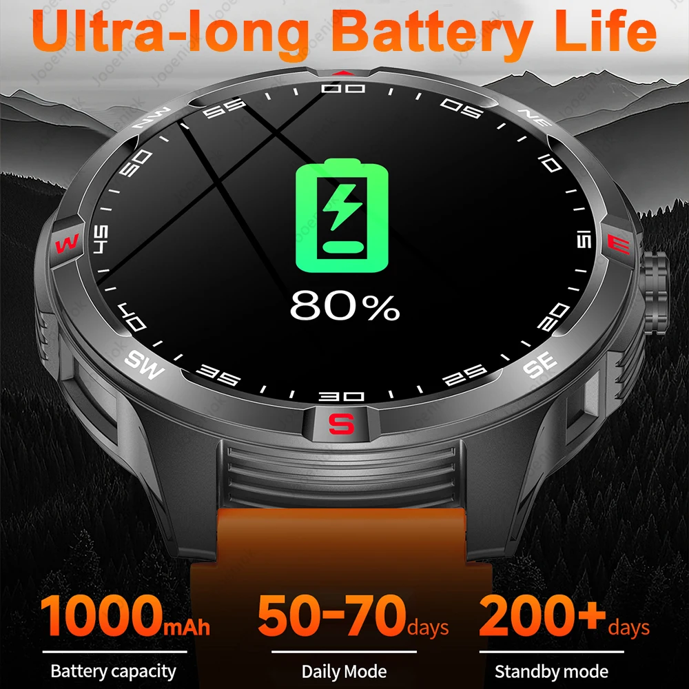 2025 New Model 1000mAh Battery Military Outdoor Smart Watch Men Sports Fitness Compass IP68 Waterproof Bluetooth Call Smartwatch