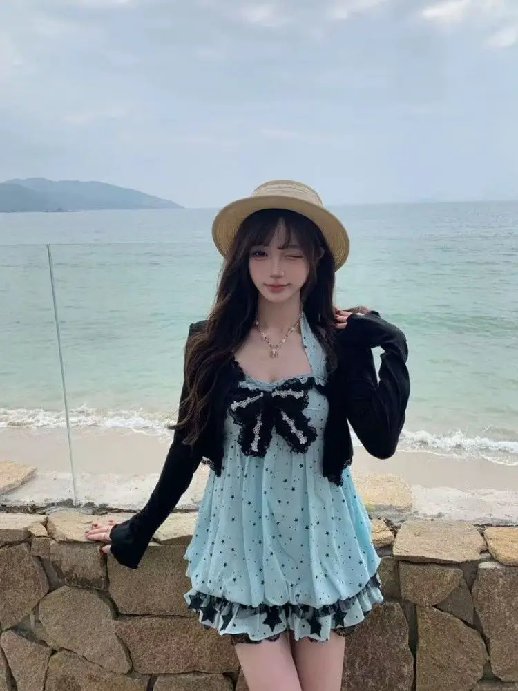 

Japanese Kawaii Lolita Style Dress Set Women Sweet Short Cardigan Top Bow Stars Print Mini Dresses Korean Fashion Beach Y2k Suit