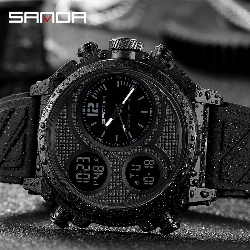 SANDA 3002 Nightlight Waterproof Tactics and Youth Dual Display Electronic Watch New Sports Watch for Male Students with