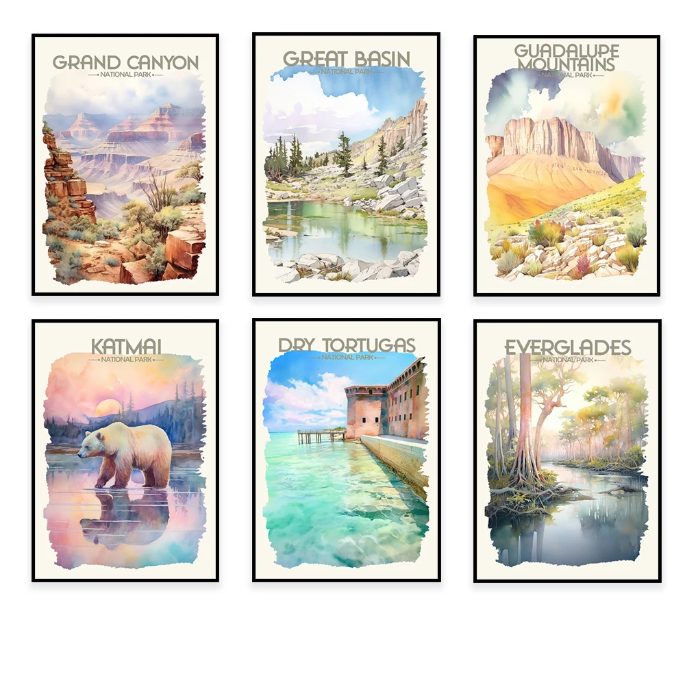 Watercolor travel poster of Arches, Gates of the Arctic, Great Basin, Guadalupe Mountains, Everglades, Dry Tortugas National Par