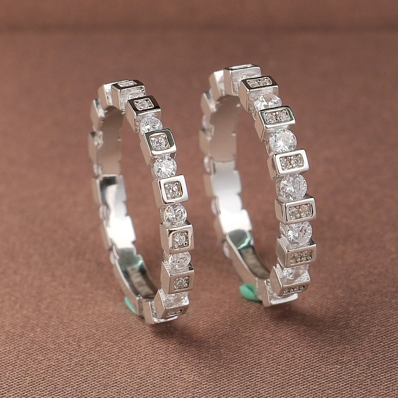 

925 Sterling Silver Baguette & Round Zircon Engagement Wedding Eternity Band Ring 18K Platinum Plated Anniversary Stackable Ring