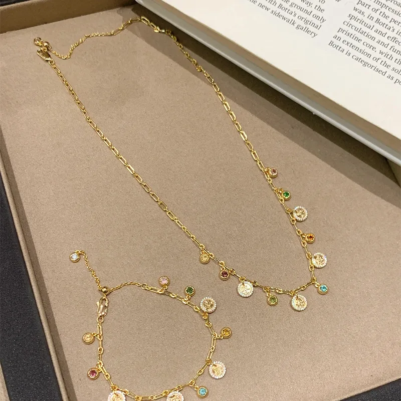 Vintage New In Ethnic Style Colorful diamond Circular Bracelet Necklace Peace and joy Can be pulled Exquisite jewelry sets