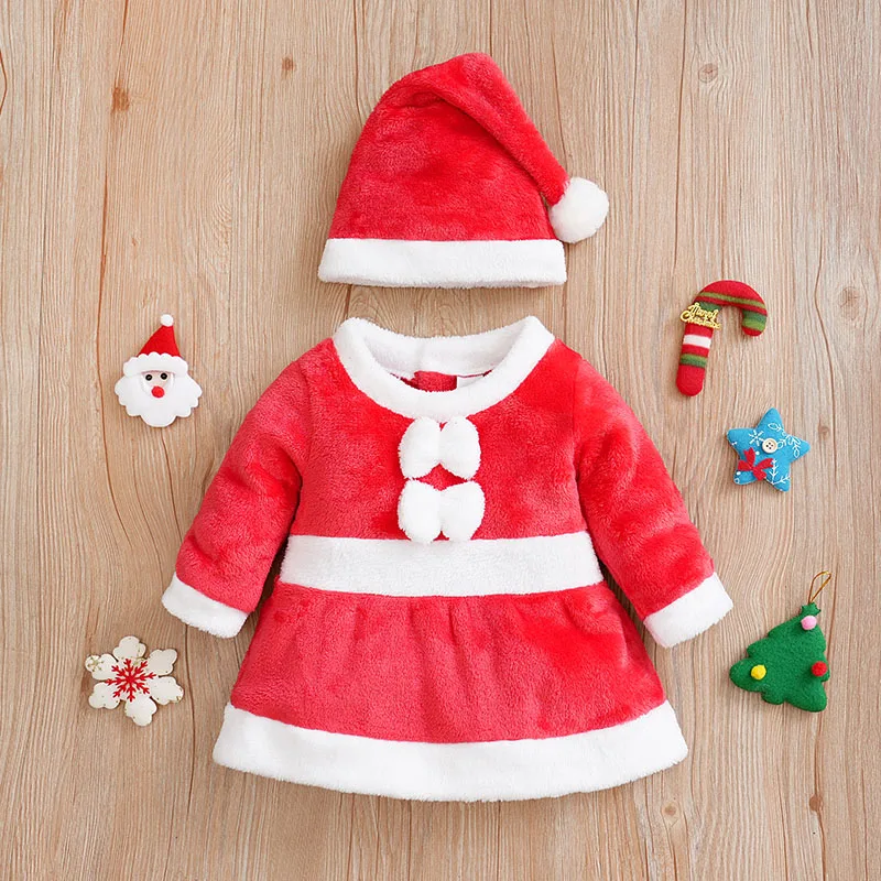 Baby Girl Christmas Clothing With Plush Warm Dress Winter Long Sleeved Clothes Christmas Hat Children\'s Clothing