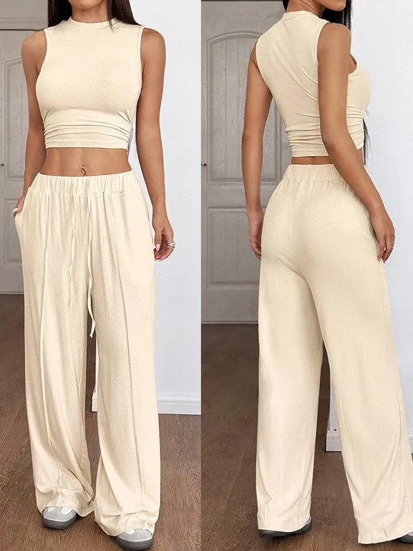 2 Piece Set Summer Y2k Tank High Waist Sleeveless Top Wide Leg Pants Solid Color Vest Top Drawstring Waist Relaxed Fit Matching
