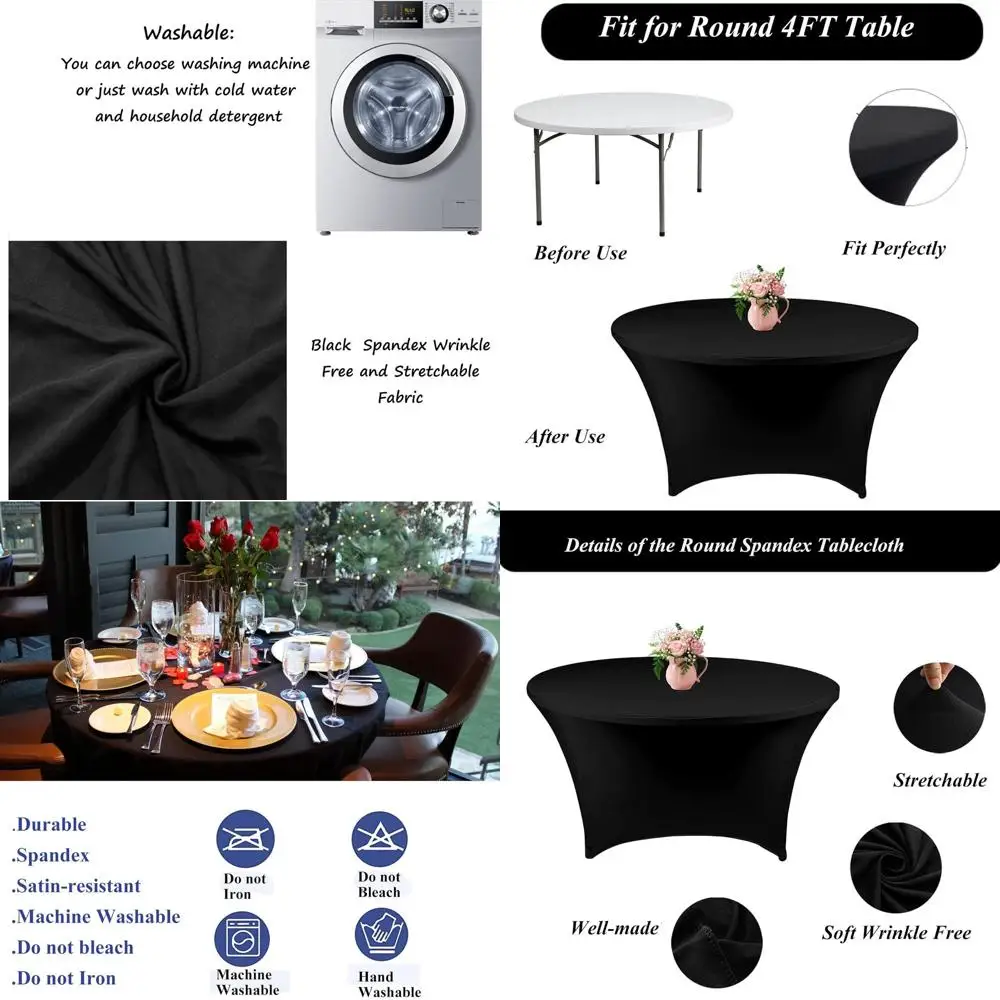

48 Round Spandex Table Covers for 4FT Tables - Stretch Black Tablecloths Ideal for Parties, Weddings, and Holidays