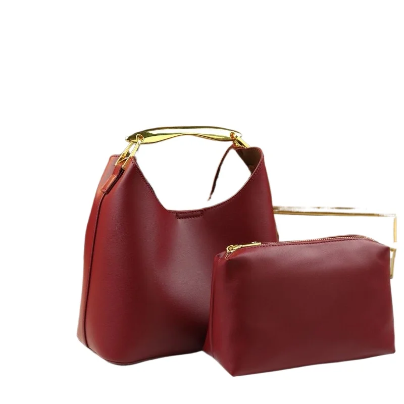 

Fashionable Metal Hand-held Solid-color Mother-and-child Bag Girl's Versatile Single-shoulder Crossbody Bucket Bag for Going Out