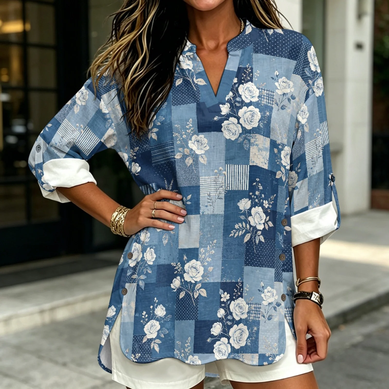 PENSTROLL Blue Rose Patchwork Linen Like Casual Loose Fit Blouses Roll Up Sleeve Long Sleeve Tops for Women Sizes S-5XL